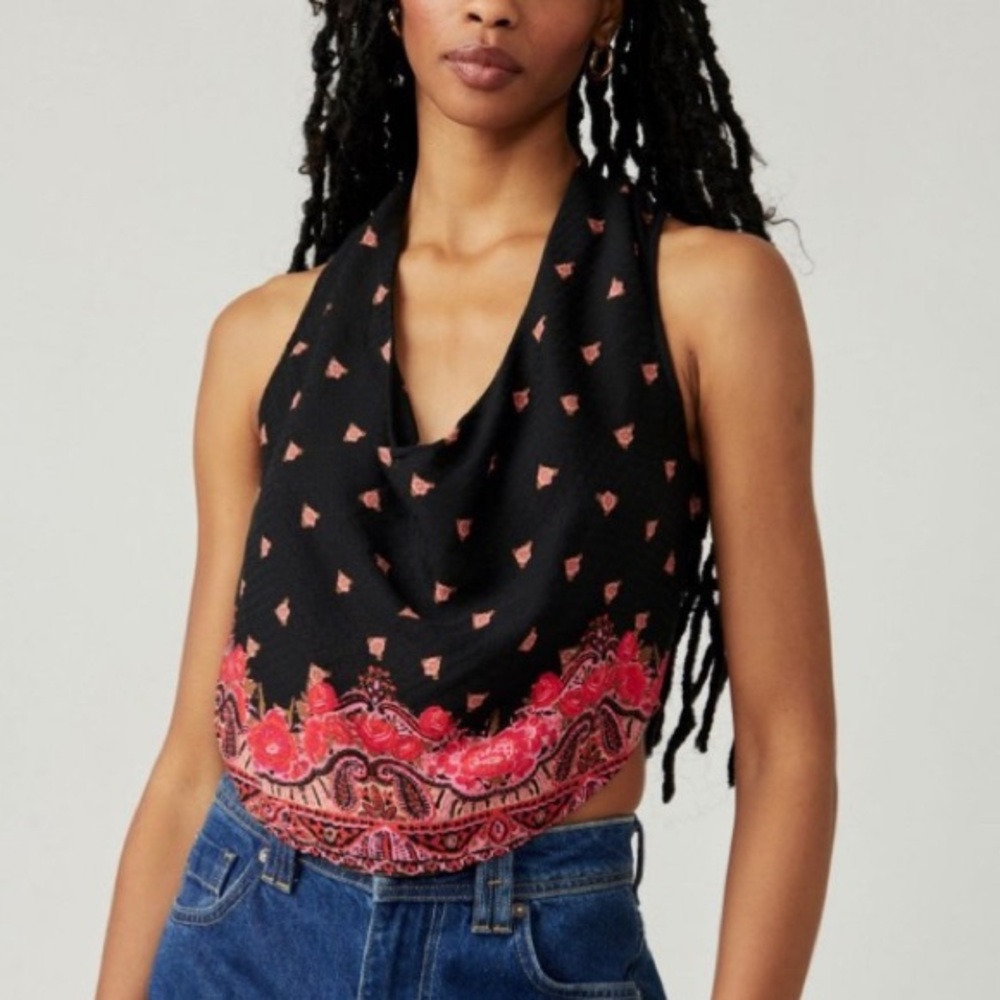 NWT Free People Printed Silas Cowl Neck Blouse/Tank in Black;  Size Small